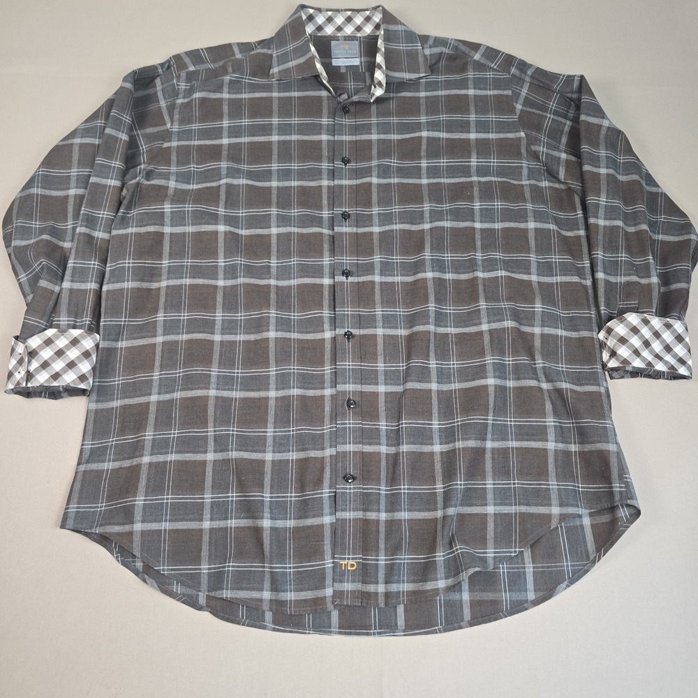 Thomas Dean Shirt Mens 2XL Brown Black Plaid Check Contrast Flip Cuff LS